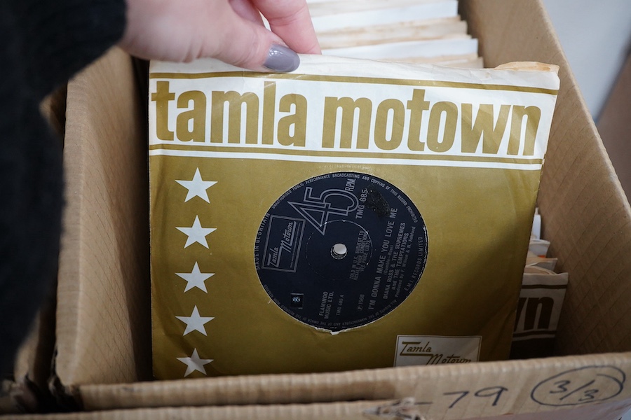 Three boxes of 7 inch singles, all on the Tamla Motown label, artists include; the Supremes, Marvin Gaye, Stevie Wonder, the Four Tops, The Temptations, Jimmy Mac, Jimmy Ruffin, Gladys Knight, Diana Ross, Jermaine Jackso